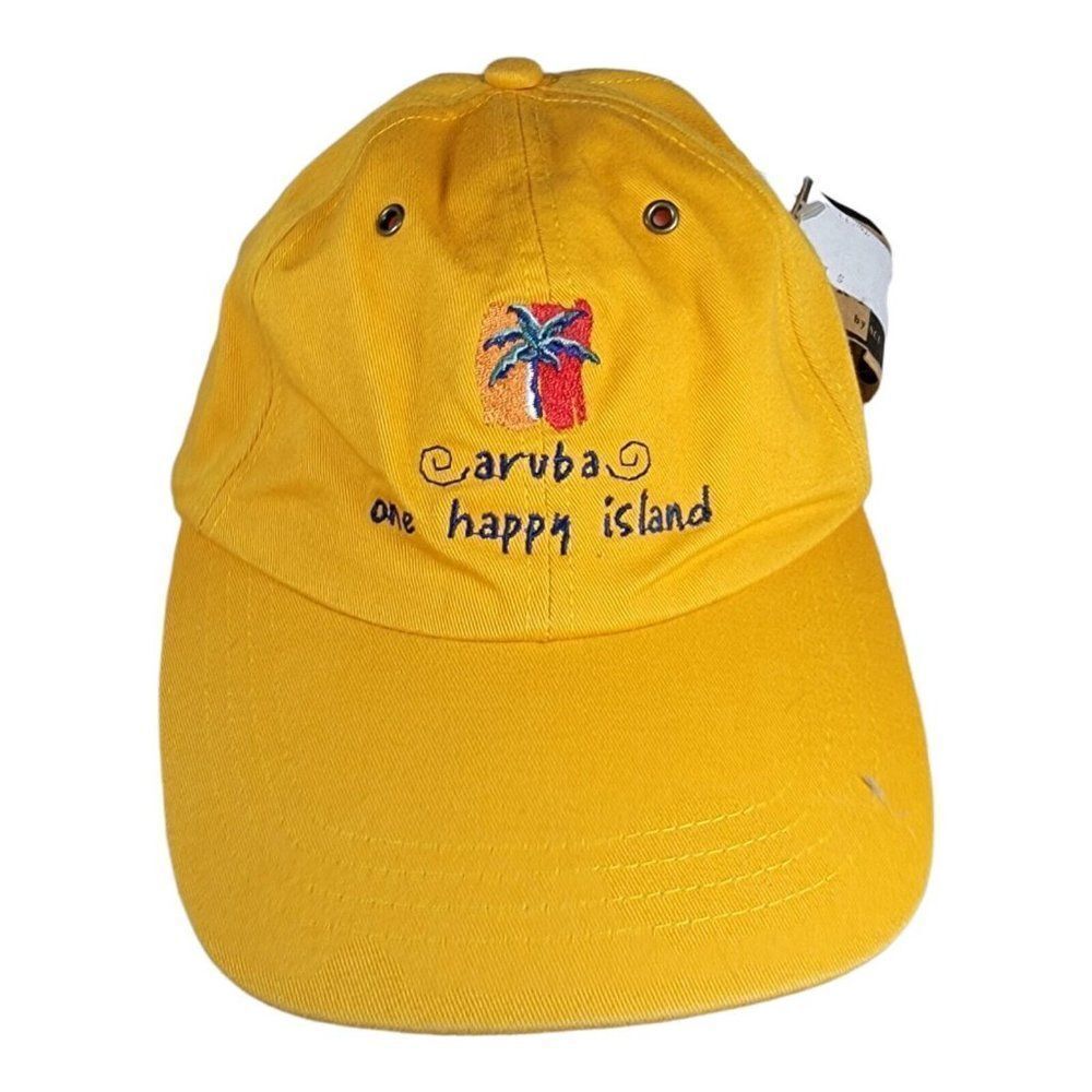 Vintage Yellow Aruba Baseball Hat Cap Strap Back One Happy Island Palm Tree Logo